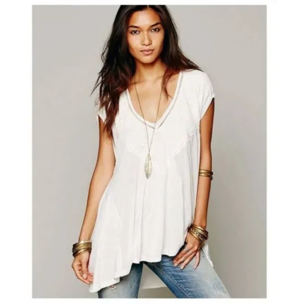 Free People Abigail Oversized Lace V-Neck Hi-Low Cap Sleeve Top Blouse